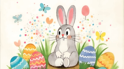 Happy easter, egg shell, eggs, and spring flowers. Spring pastel colors illustration, watercolor Easter bunny with colorful eggs and flowers	