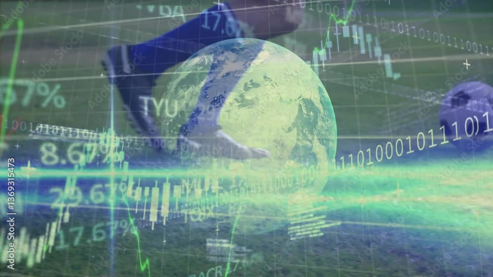 Poster globe and financial data animation over soccer player on field