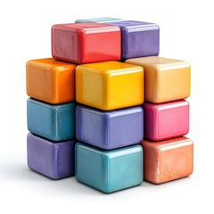 A building made of colorful blocks on a white background, 3D rendering illustration style,