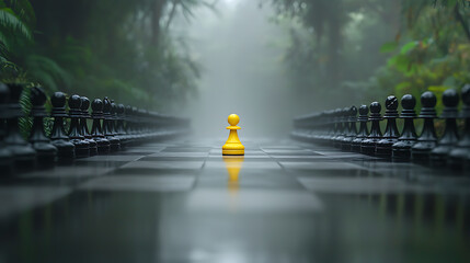 Obraz premium Chess pawn in foggy landscape nature scene still life mysterious environment focused viewpoint strategy concept
