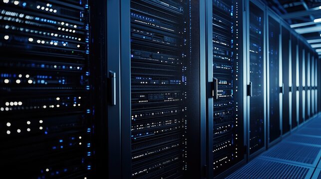 Modern data center with rows of sleek black server racks illuminated by blue LED lights. Ideal for tech websites, IT infrastructure ads, or cybersecurity presentations