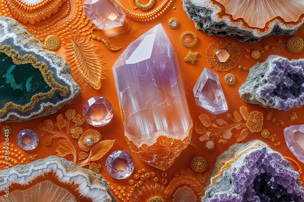 Poster bright orange calcite: elegant and unique background with textured patterns and gemstone details