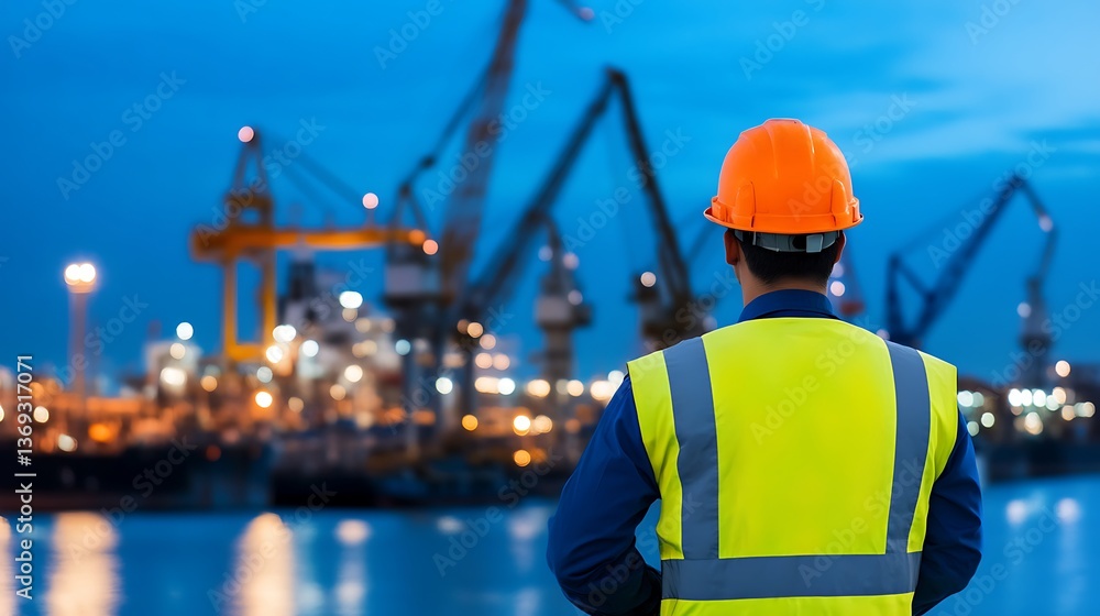 Aufkleber construction worker observing the busy harbor at twilight with cranes in the background