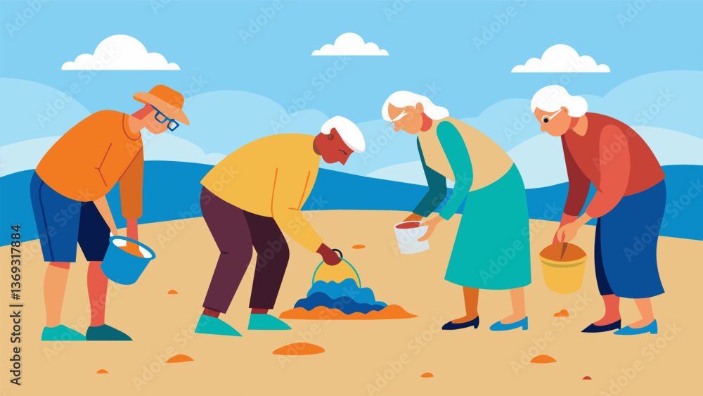 Poster a group of seniors carefully combing through the sand to pick up any small pieces of trash.. vector 
