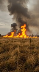 Fiery Grassland Inferno: A Dramatic Blaze Consumes Dry Prairie Under a Smoky Sky