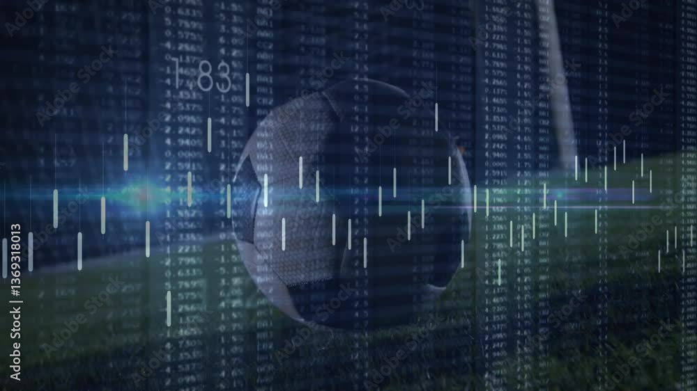 Poster soccer ball and financial data processing animation over digital interface