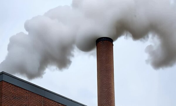 Smoke Plume Rising From Brick Chimney Against Overcast Sky Closeup