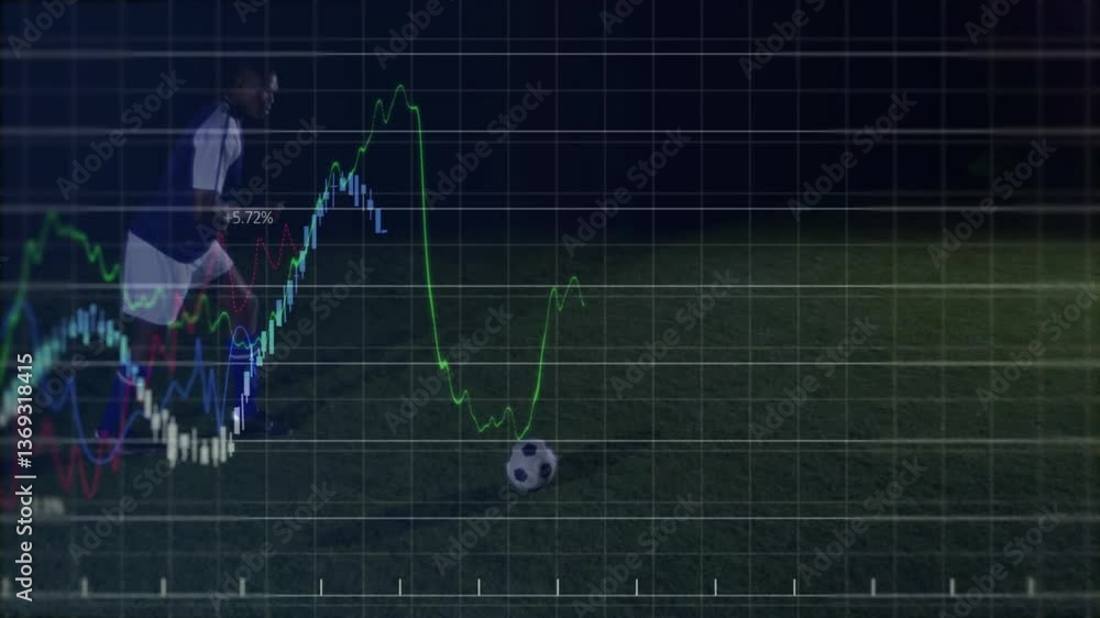 Poster soccer player kicking ball with data graph animation overlay on field