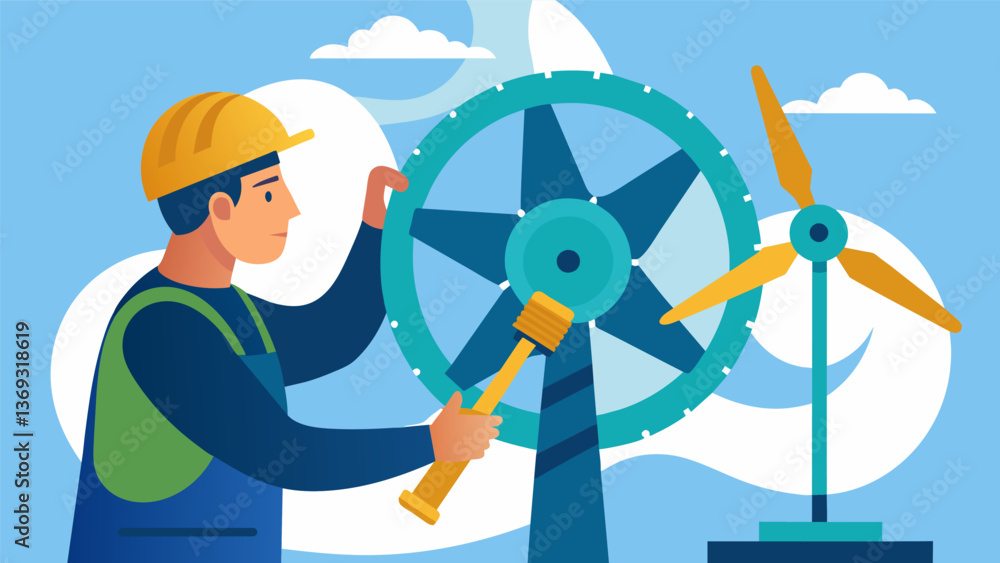 Poster a technician learning how to properly inspect and maintain the gearbox of a wind turbine.. vector il