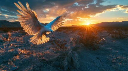 Obraz premium White bird soaring, sunset desert landscape.