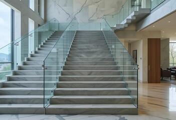 modern marble staircase with glass railing and natural light