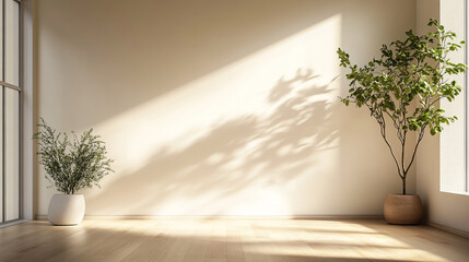 Interior space with sunlight casting shadows on the wall and plants in pots near the windows