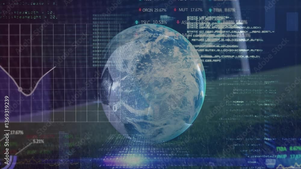 Poster animation of digital globe with data and graphs over grassy landscape background