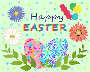 Obraz premium Bright Easter greeting card with colorful text, floral patterns, decorative eggs, green leaves, festive balloons, and pastel background. Springtime Easter Design with Flowers, Leaves, and Easter Eggs