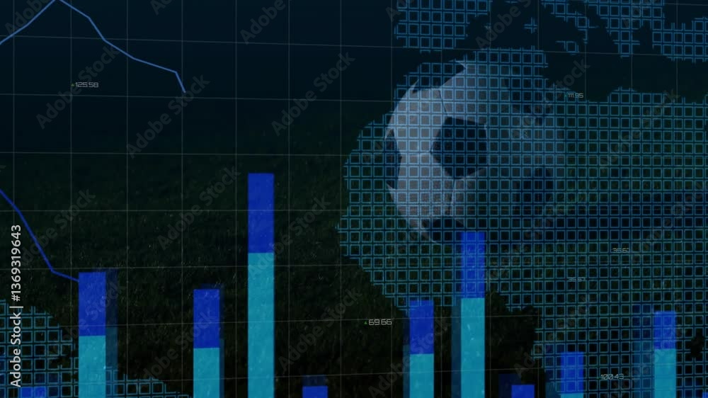 Poster graph and bar chart data processing animation over soccer ball and world map