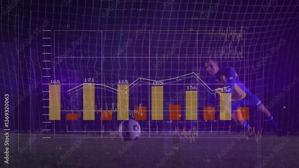 Poster diving soccer player saving ball with animation of financial graph overlay