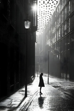 Fototapeta Solitary Woman in a Dark City Alleyway