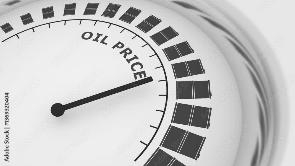 Poster oil price value measuring device with arrow, barrels and scale.