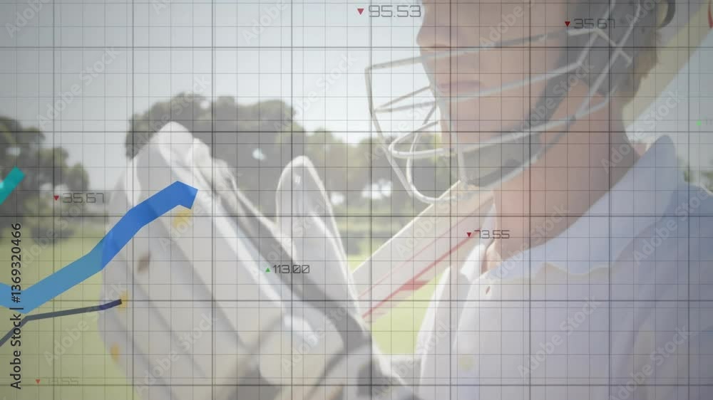 Aufkleber in school, animation showing cricketer in helmet with graph lines overlaying