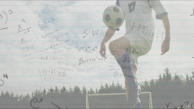 Juggling soccer ball, animation of mathematical equations overlaying in school setting