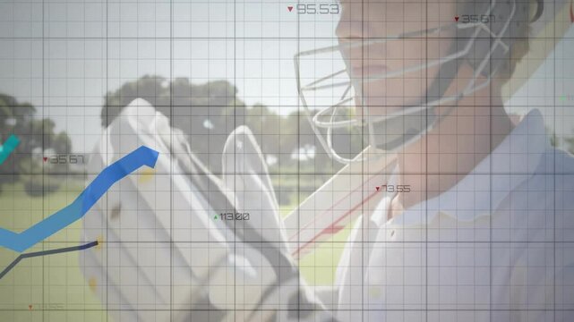 In school, animation showing cricketer in helmet with graph lines overlaying