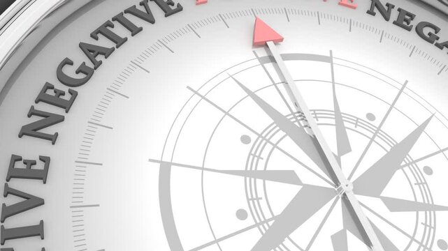 The needle of compass points to the word positive ignoring the words negative. Psychology and business concept of opposites, decisions, and uncertainty. 3D render