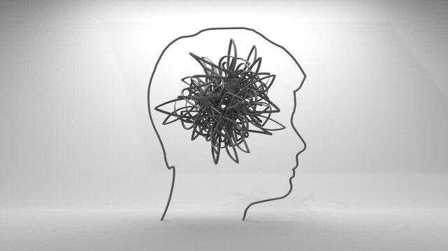 Personal growth and development. A man head in profile with a tangled ball of nerves. Business and education concept. Metaphor of problem solving, chaos and mess, difficult situation. 3D render