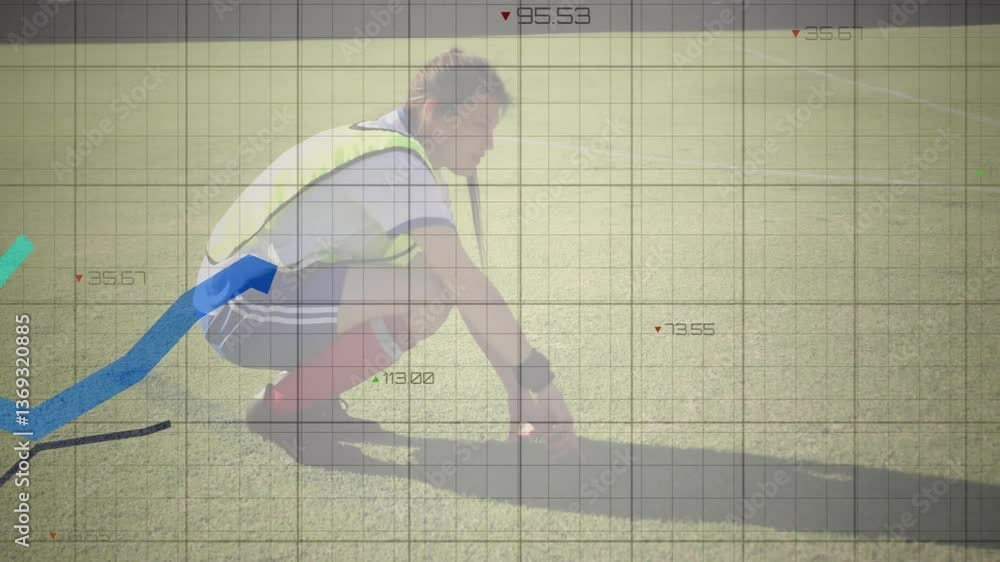 Poster person crouching on field with graph and data overlay animation