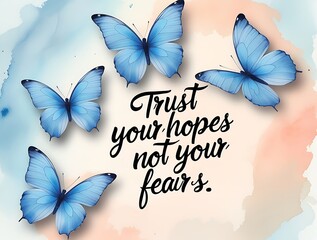 Inspirational quote artwork with elegant handwritten typography saying “Trust your hopes not your fears” surrounded by blue butterflies and watercolor background for motivation and beauty

