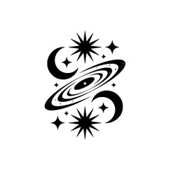 Celestial Galaxy Illustration, Minimalist Cosmos Design, Black & White
