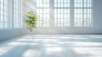 Fototapeta premium Sunlit empty room, city view, plant, hardwood floor, interior design