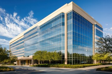 Obraz premium A modern office building with large glass windows and landscaped surroundings.