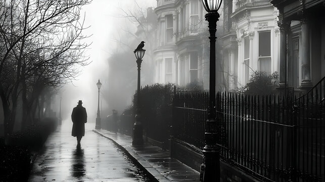 Fototapeta Solitary Figure Walking on Foggy City Street