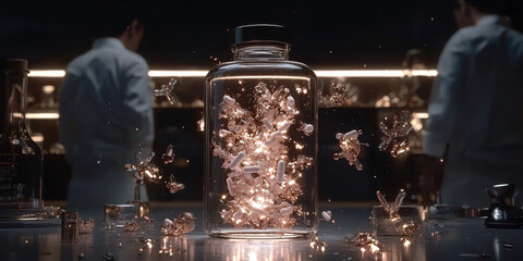 Obraz premium futuristic medicine bottle filled with glowing capsules and particles, showcasing advanced nanotechnology laboratory setting