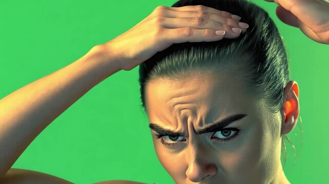 Concerned Face: Capturing the focus face of a young woman with a look of concern and perplexity against a background of vibrant green.