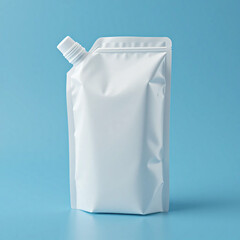 White Spout Pouch Standing Upright on Blue Background for Product Mockup