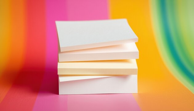 Blank Sticky Notes on Rainbow Gradient Background, Colorful Office Stationery Mockup, Creative Organization Template
