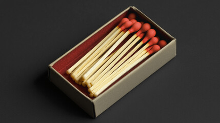 A box of matches with red tips arranged neatly inside on a dark gray surface in a close up shot
