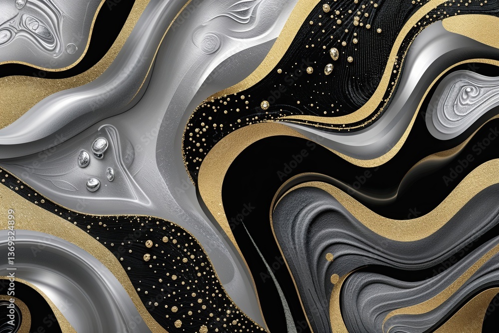 Poster shimmering silver quartz: elegant abstract patterns and textures in black and gold