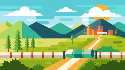 A panoramic view of a rural landscape transformed by the presence of a newly built petroleum pipeline.. Vector illustration
