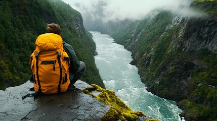 Hiker with Orange Backpack Overlooking a Misty River Valley