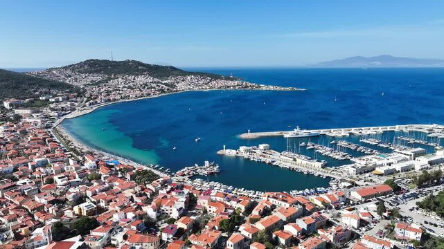 Aerial view of Fo&ccedil;a - 4k aerial view of Foca district taken by drone - Foca Aegean fishing town and marina and fishing shelter