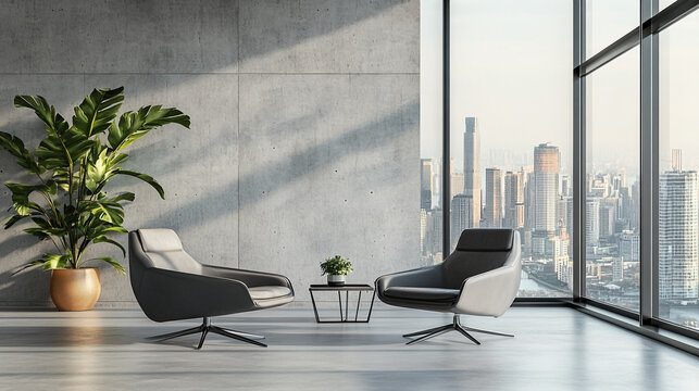 Interior with two chairs, small table, potted plants, concrete wall, and city view through window