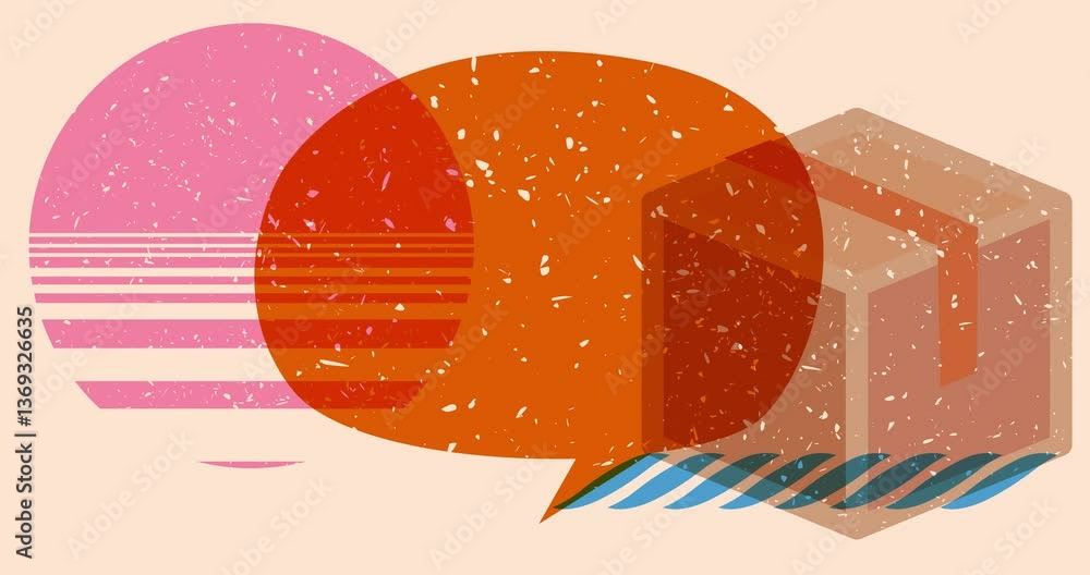 Poster risograph cardboard box and speech bubble with geometric shapes animation. moving object in trendy r