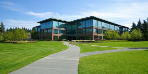 Modern building surrounded by landscaped greenery and a pathway.