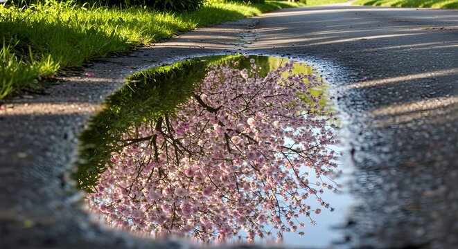 Reflection of blooming cherry tree on wet road