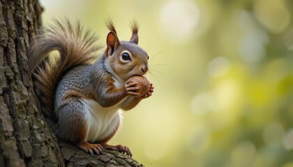 Obraz premium Curious Squirrel Holding a Nut on Tree Bark