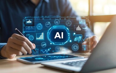 Businessperson interacts with AI interface, office setting