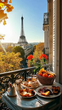 Morning breakfast with a view of the Eiffel Tower from a balcony in Paris during autumn