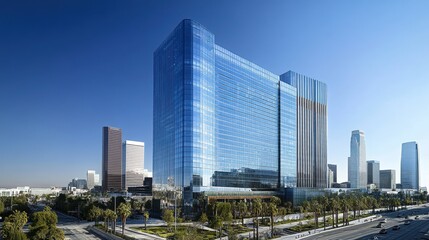 Fototapeta premium Modern skyscraper with glass facade and palm trees in an urban setting.